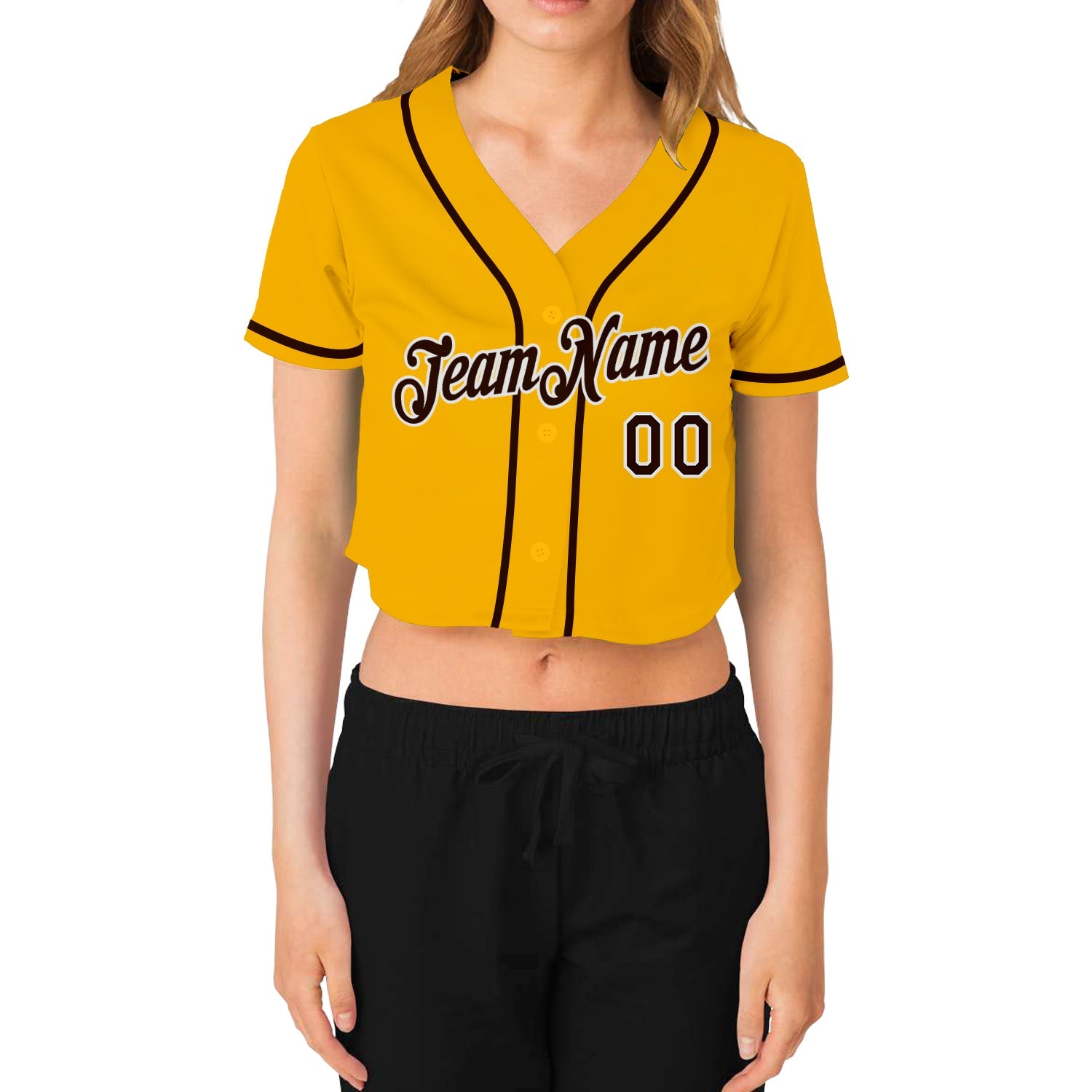 Custom Women's Gold Brown-White V-Neck Cropped Baseball Jersey view 2