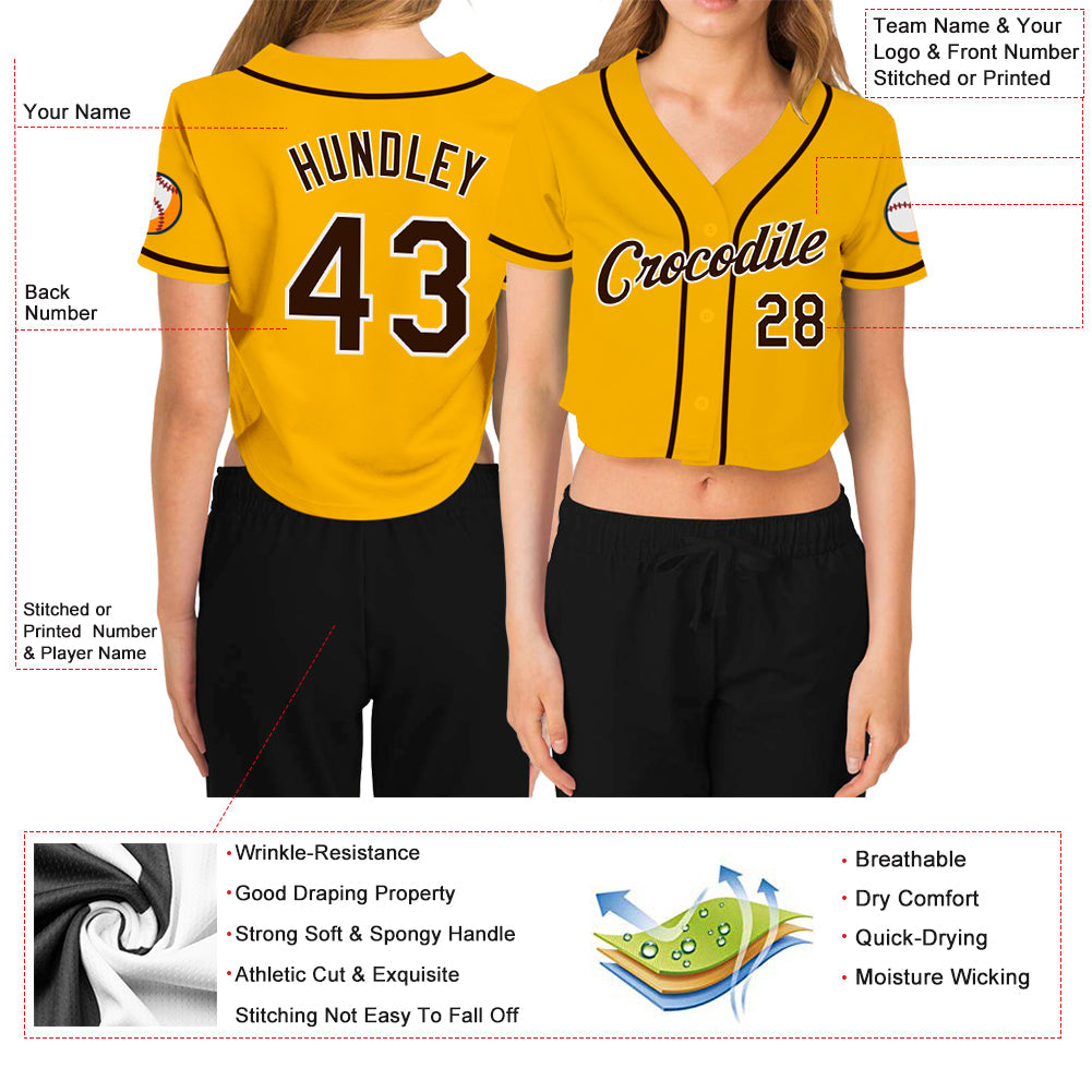 Custom Women's Gold Brown-White V-Neck Cropped Baseball Jersey view 3