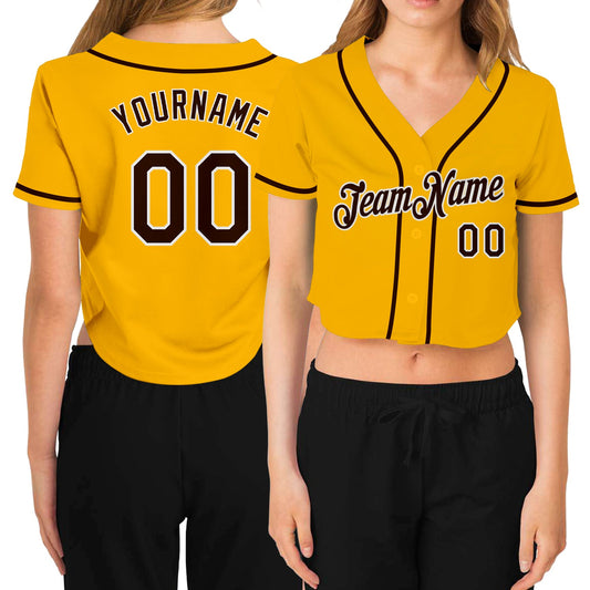 Custom Women's Gold Brown-White V-Neck Cropped Baseball Jersey - Main View