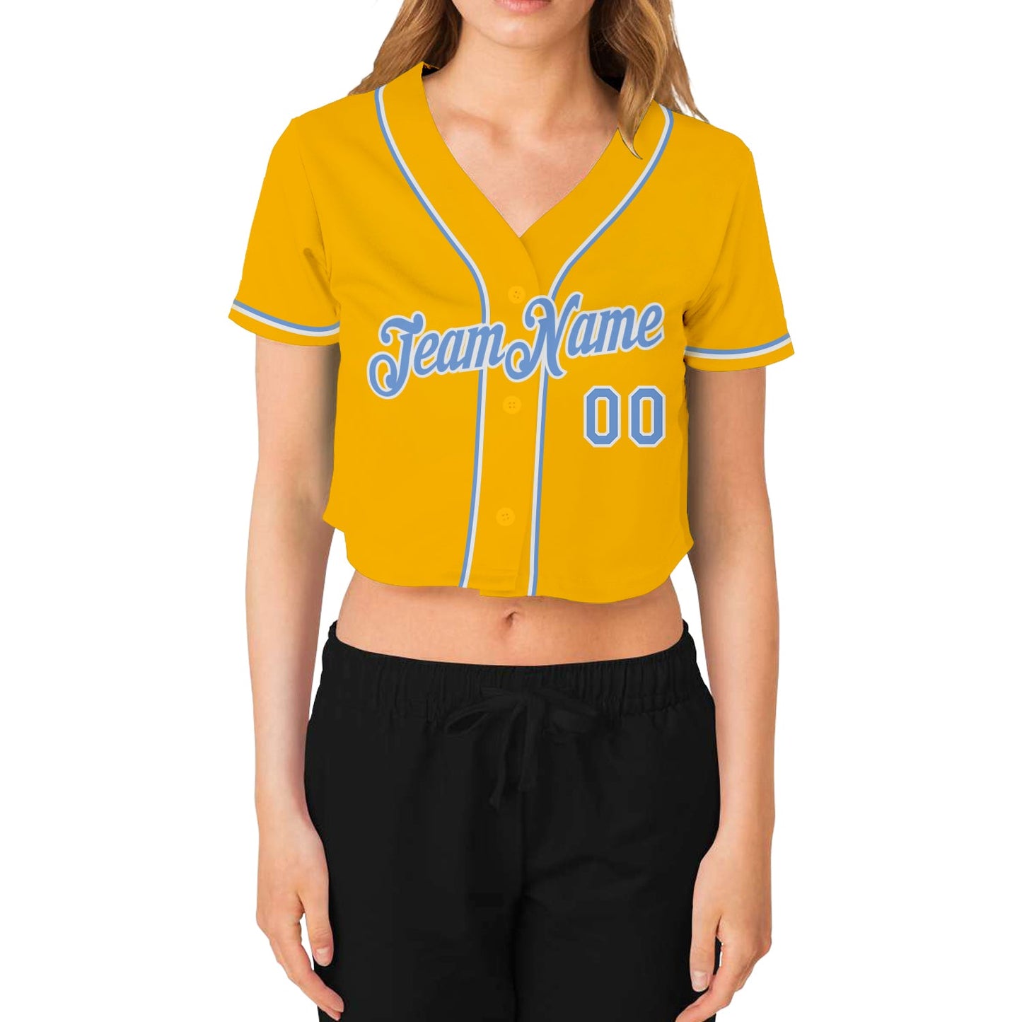 Custom Women's Gold Light Blue-White V-Neck Cropped Baseball Jersey view 2