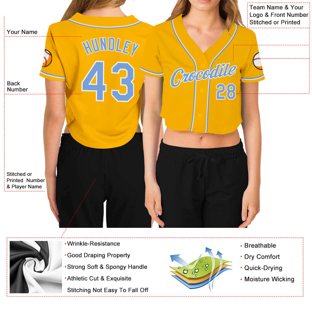 Custom Women's Gold Light Blue-White V-Neck Cropped Baseball Jersey view 3