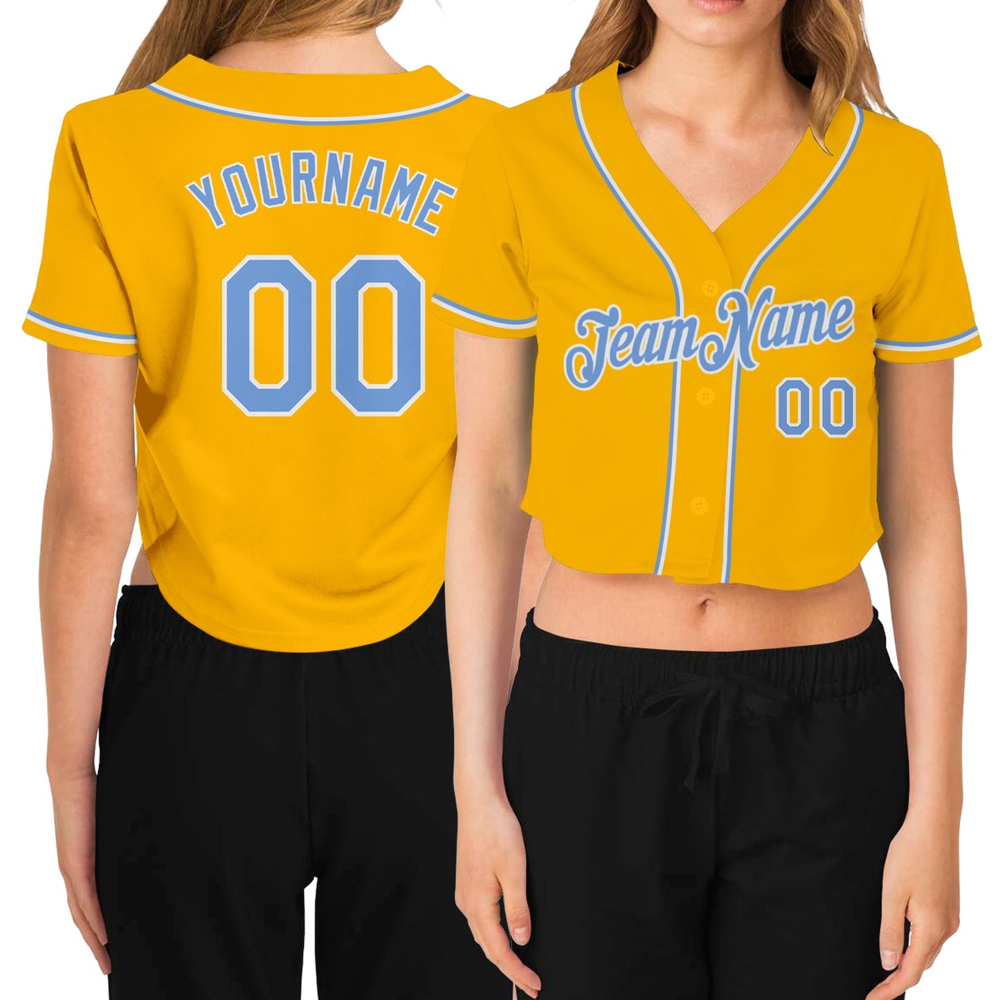 Custom Women's Gold Light Blue-White V-Neck Cropped Baseball Jersey - Main View