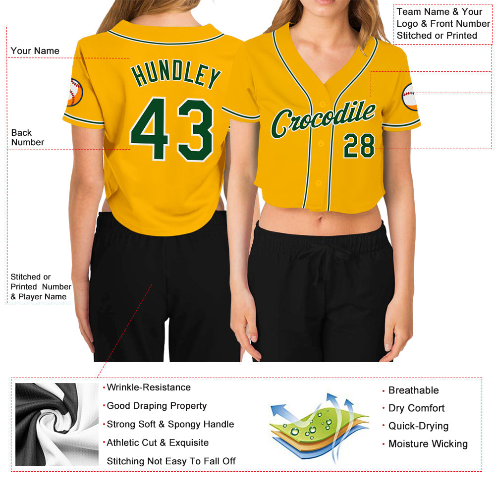 Custom Women's Gold Green-White V-Neck Cropped Baseball Jersey view 3