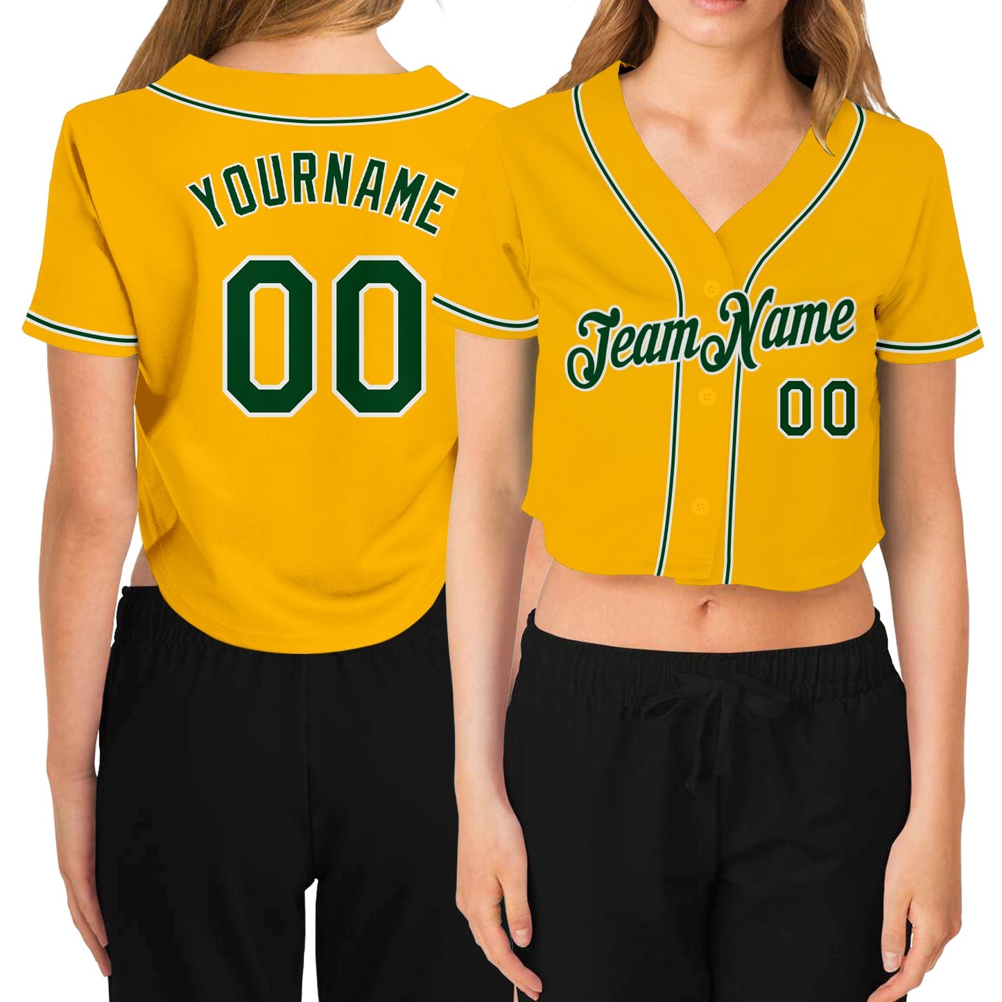 Custom Women's Gold Green-White V-Neck Cropped Baseball Jersey - Main View