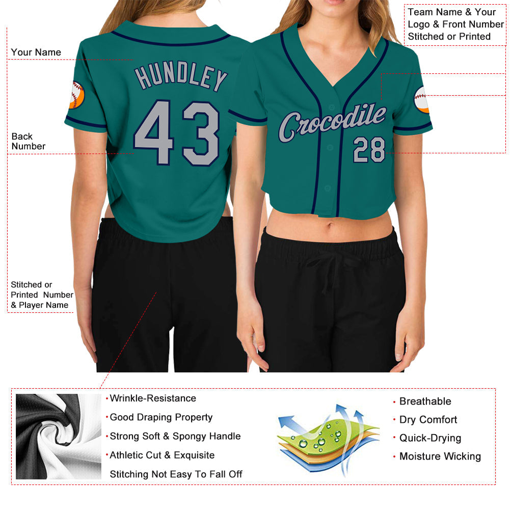 Custom Women's Aqua Gray-Navy V-Neck Cropped Baseball Jersey view 3