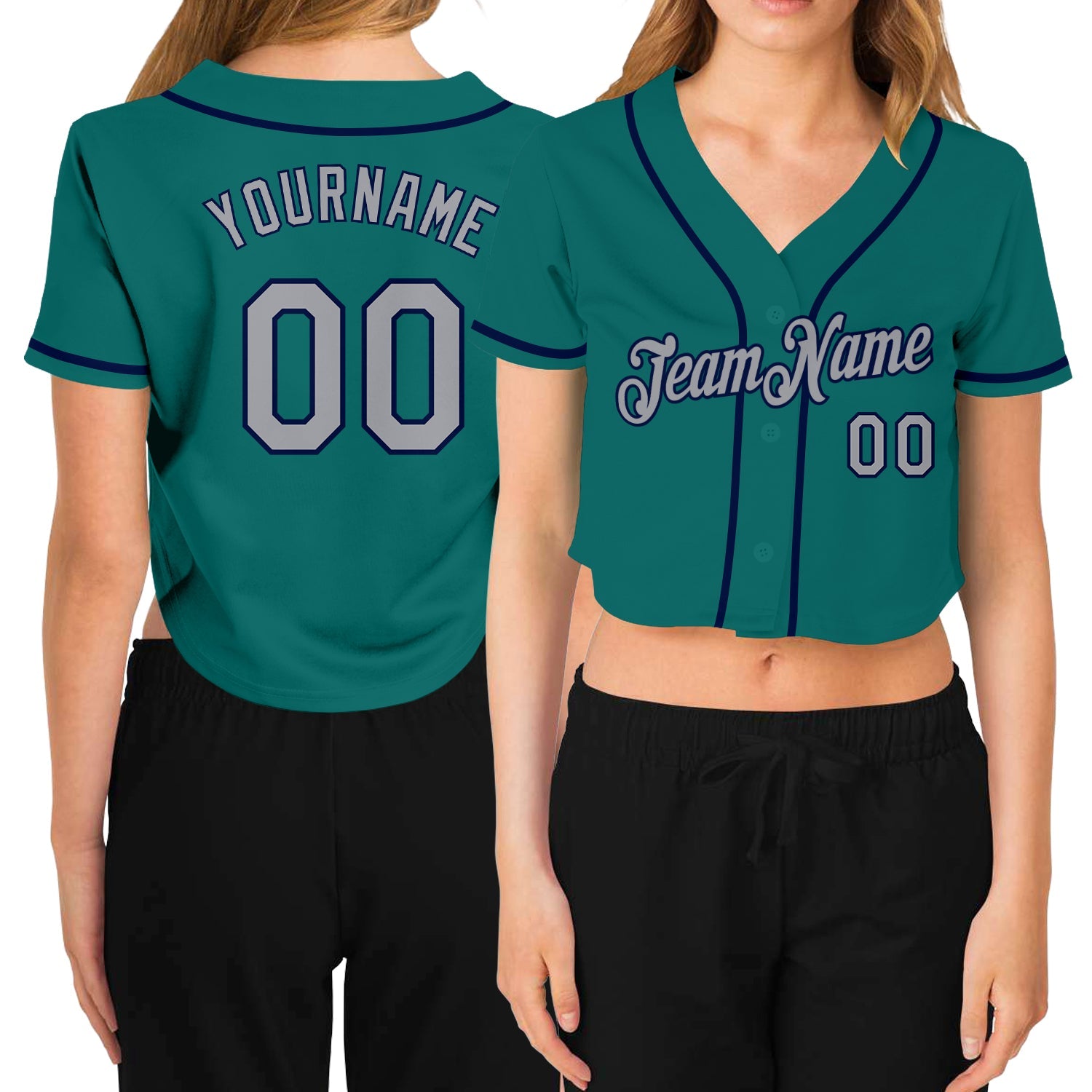 Custom Women's Aqua Gray-Navy V-Neck Cropped Baseball Jersey - Main View
