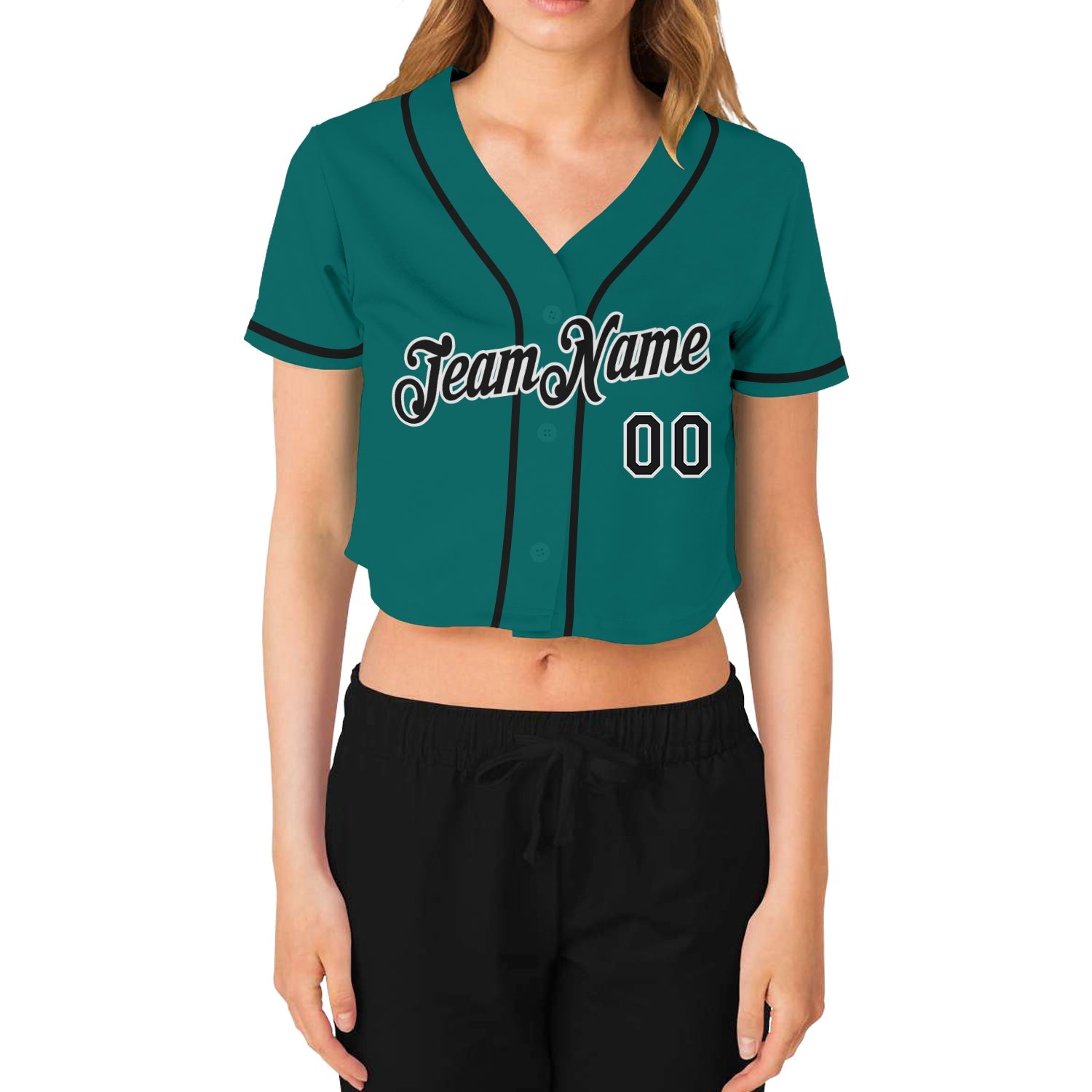 Custom Women's Aqua Black-White V-Neck Cropped Baseball Jersey view 2