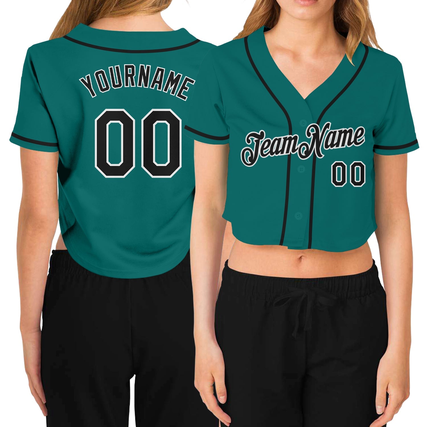 Custom Women's Aqua Black-White V-Neck Cropped Baseball Jersey - Main View