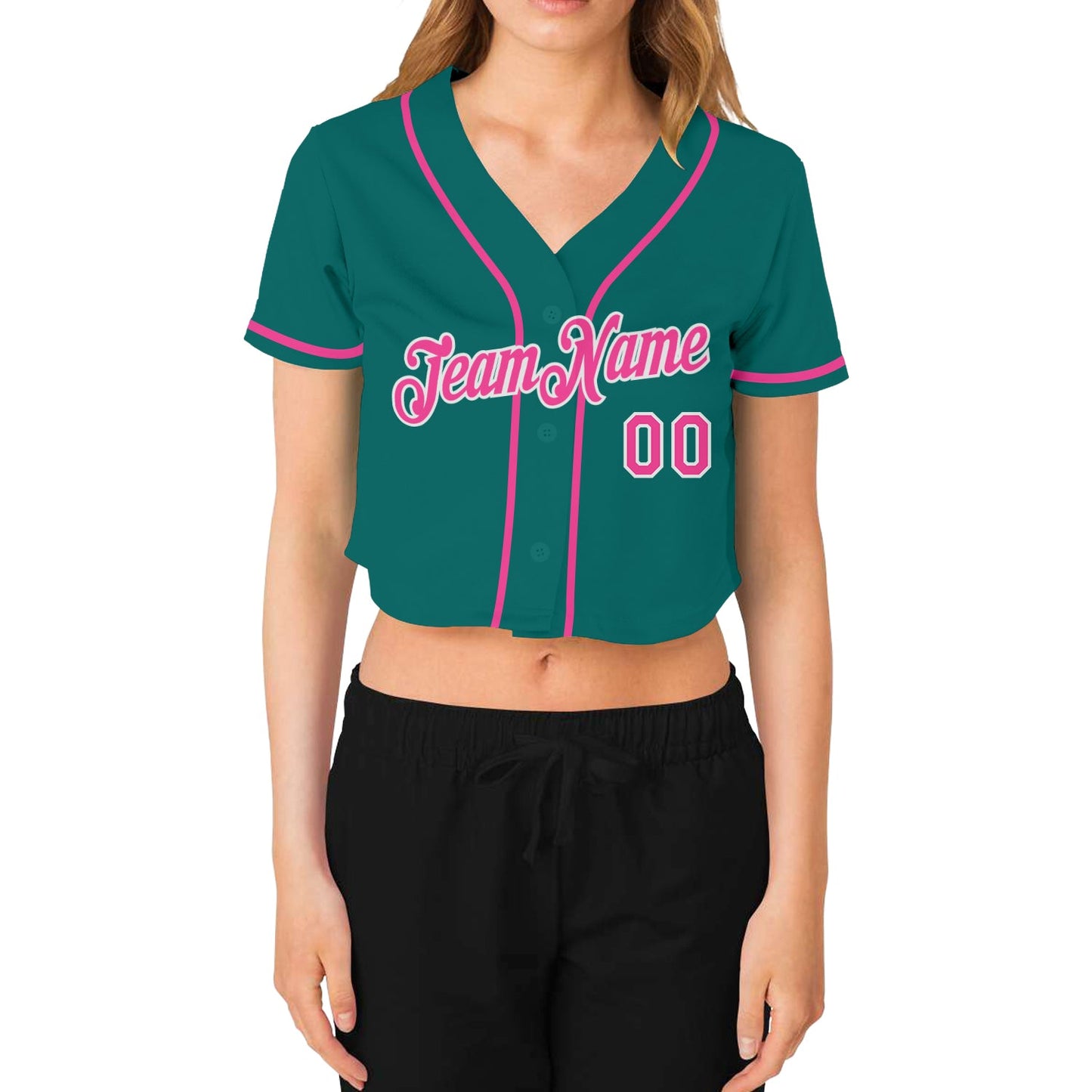 Custom Women's Aqua Pink-White V-Neck Cropped Baseball Jersey view 2