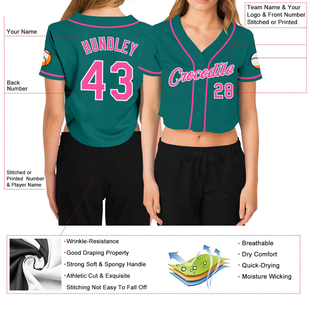 Custom Women's Aqua Pink-White V-Neck Cropped Baseball Jersey view 3