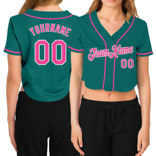 Custom Women's Aqua Pink-White V-Neck Cropped Baseball Jersey - Main View