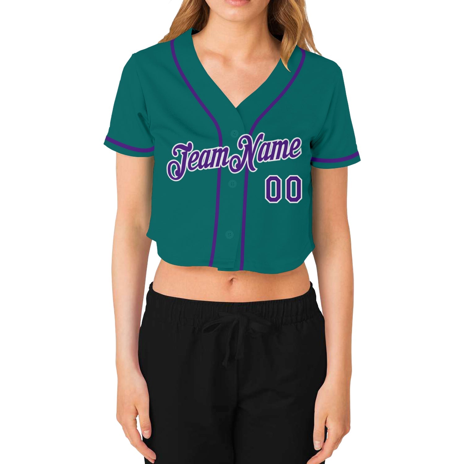 Custom Women's Aqua Purple-White V-Neck Cropped Baseball Jersey view 2