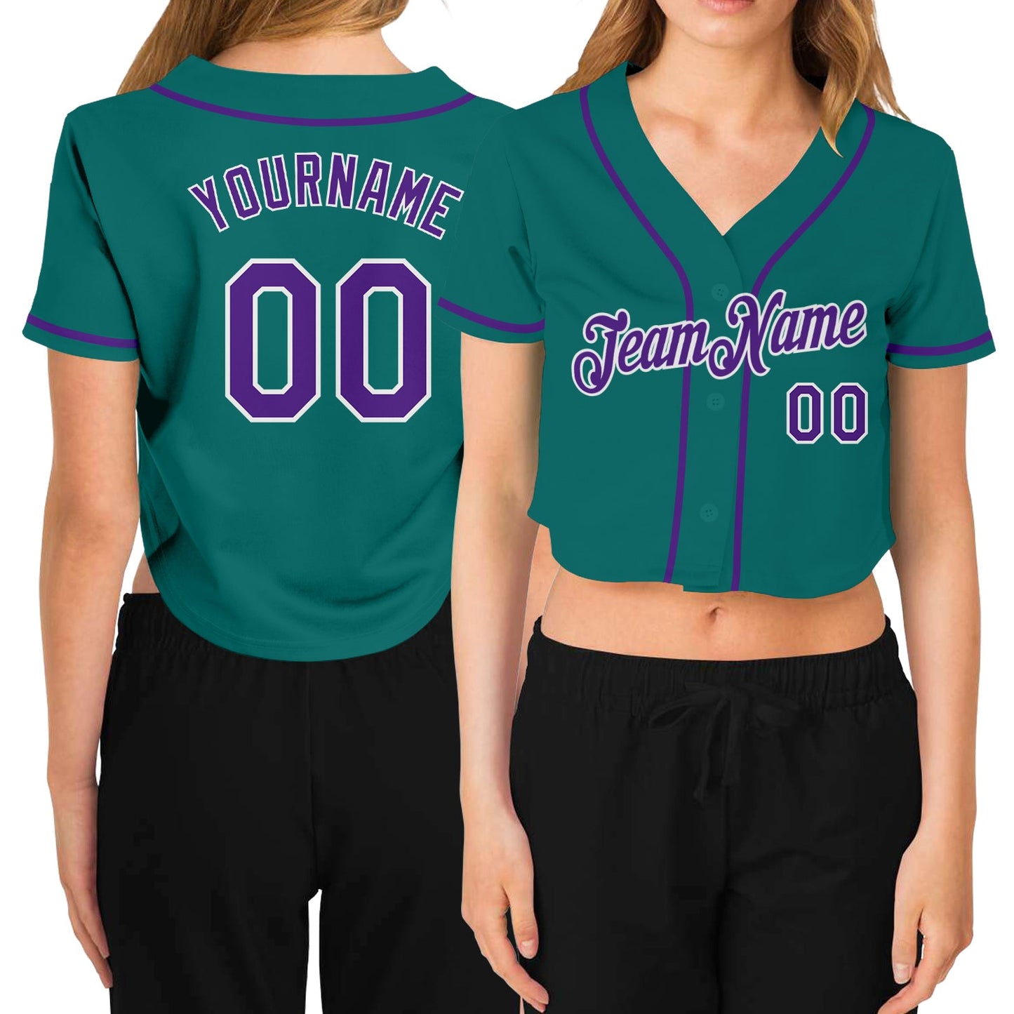 Custom Women's Aqua Purple-White V-Neck Cropped Baseball Jersey - Main View
