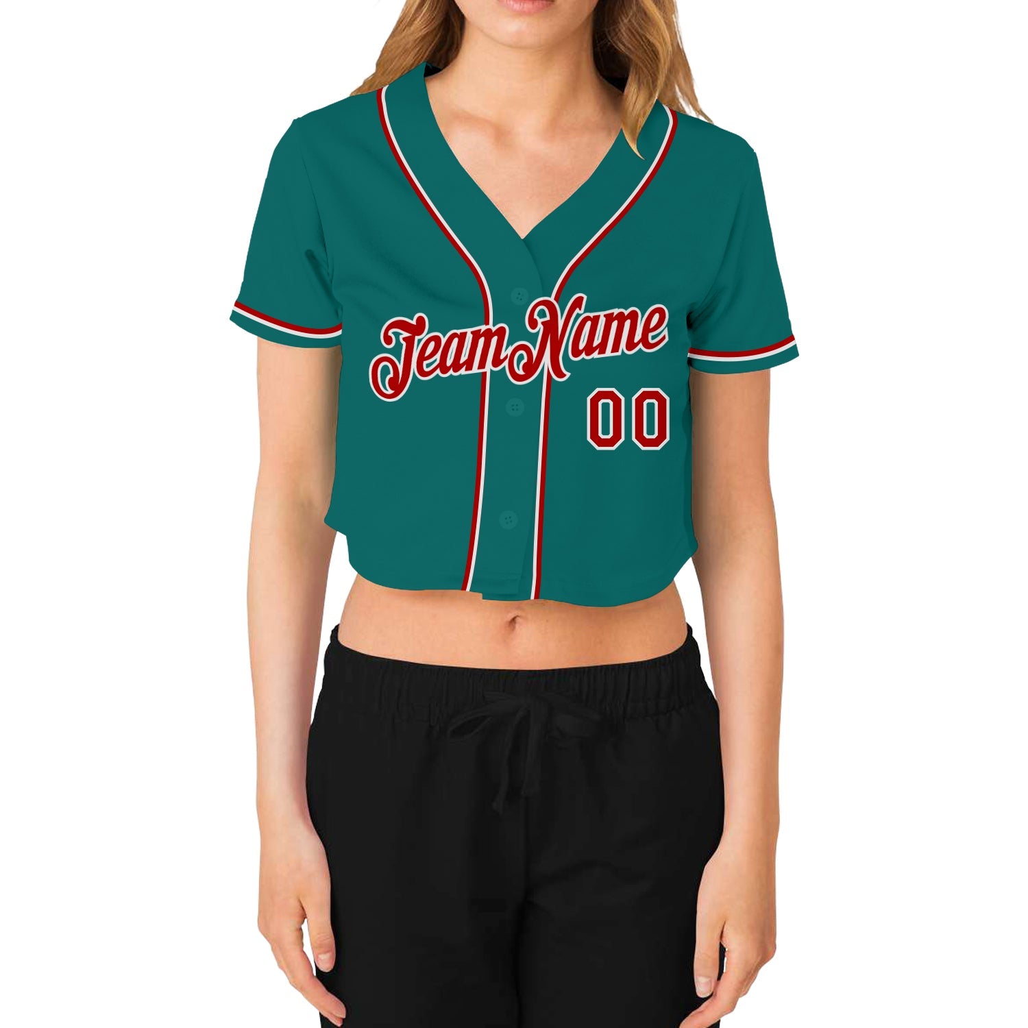 Custom Women's Aqua Red-White V-Neck Cropped Baseball Jersey view 2