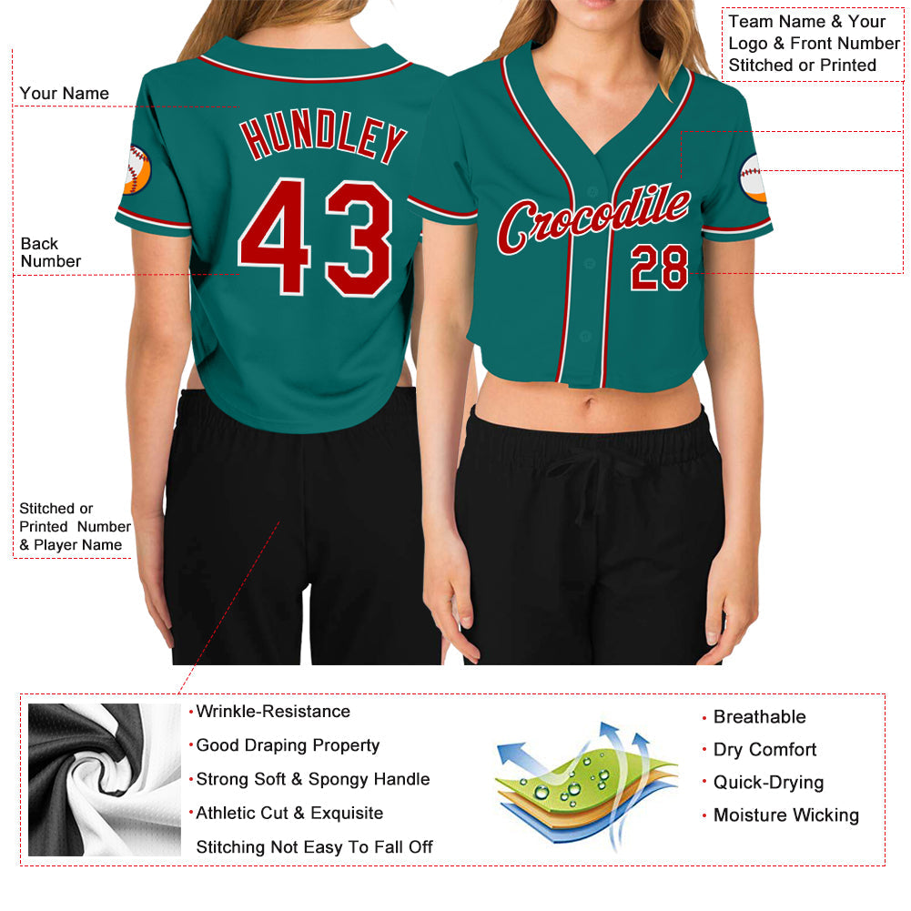 Custom Women's Aqua Red-White V-Neck Cropped Baseball Jersey view 3