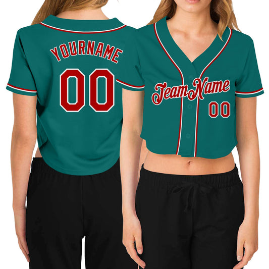 Custom Women's Aqua Red-White V-Neck Cropped Baseball Jersey - Main View