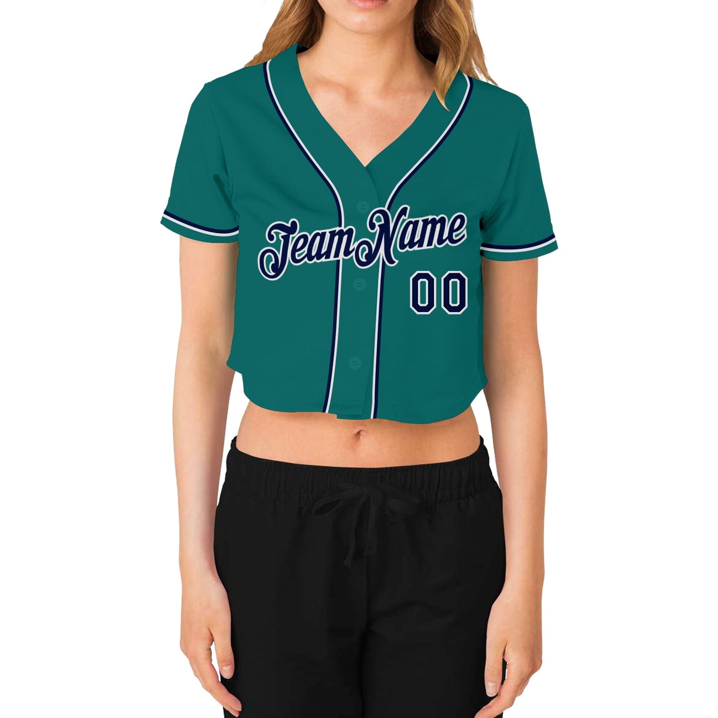 Custom Women's Aqua Navy-White V-Neck Cropped Baseball Jersey view 2