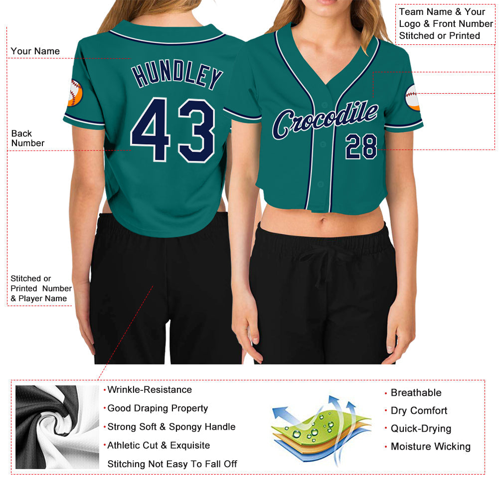Custom Women's Aqua Navy-White V-Neck Cropped Baseball Jersey view 3