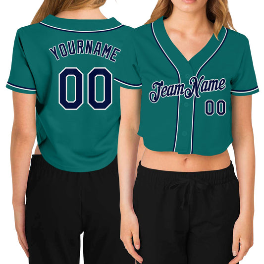 Custom Women's Aqua Navy-White V-Neck Cropped Baseball Jersey - Main View
