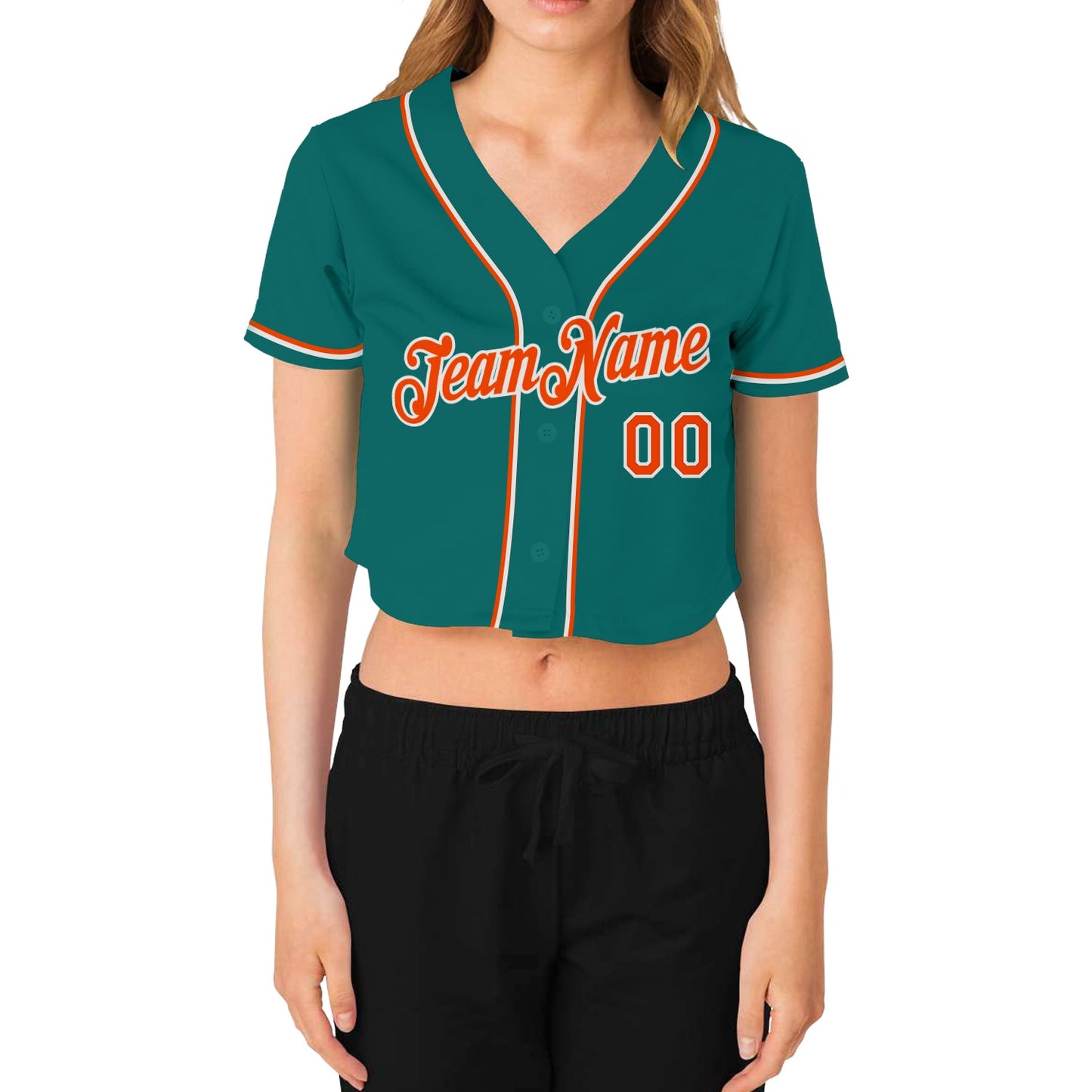 Custom Women's Aqua Orange-White V-Neck Cropped Baseball Jersey view 2
