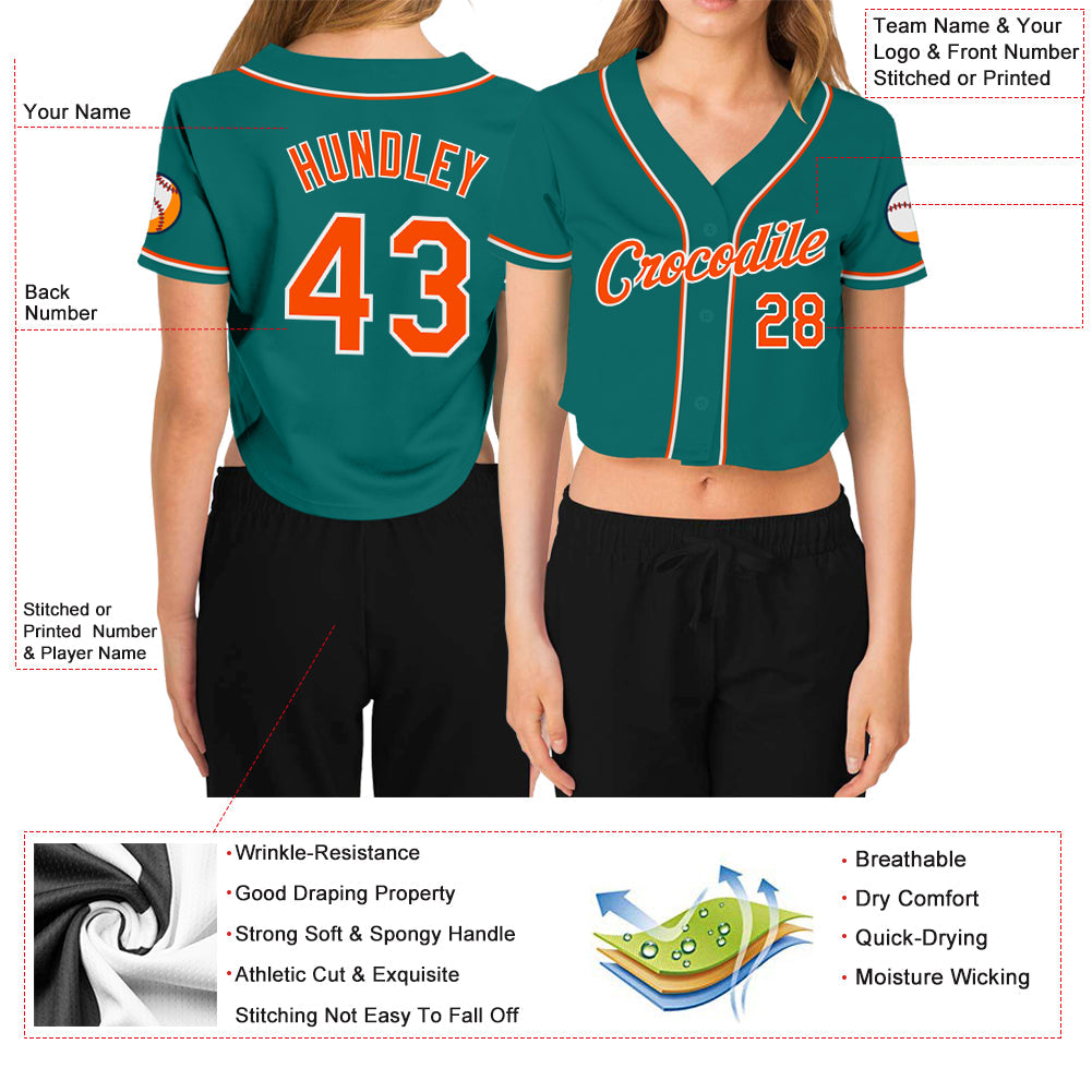 Custom Women's Aqua Orange-White V-Neck Cropped Baseball Jersey view 3