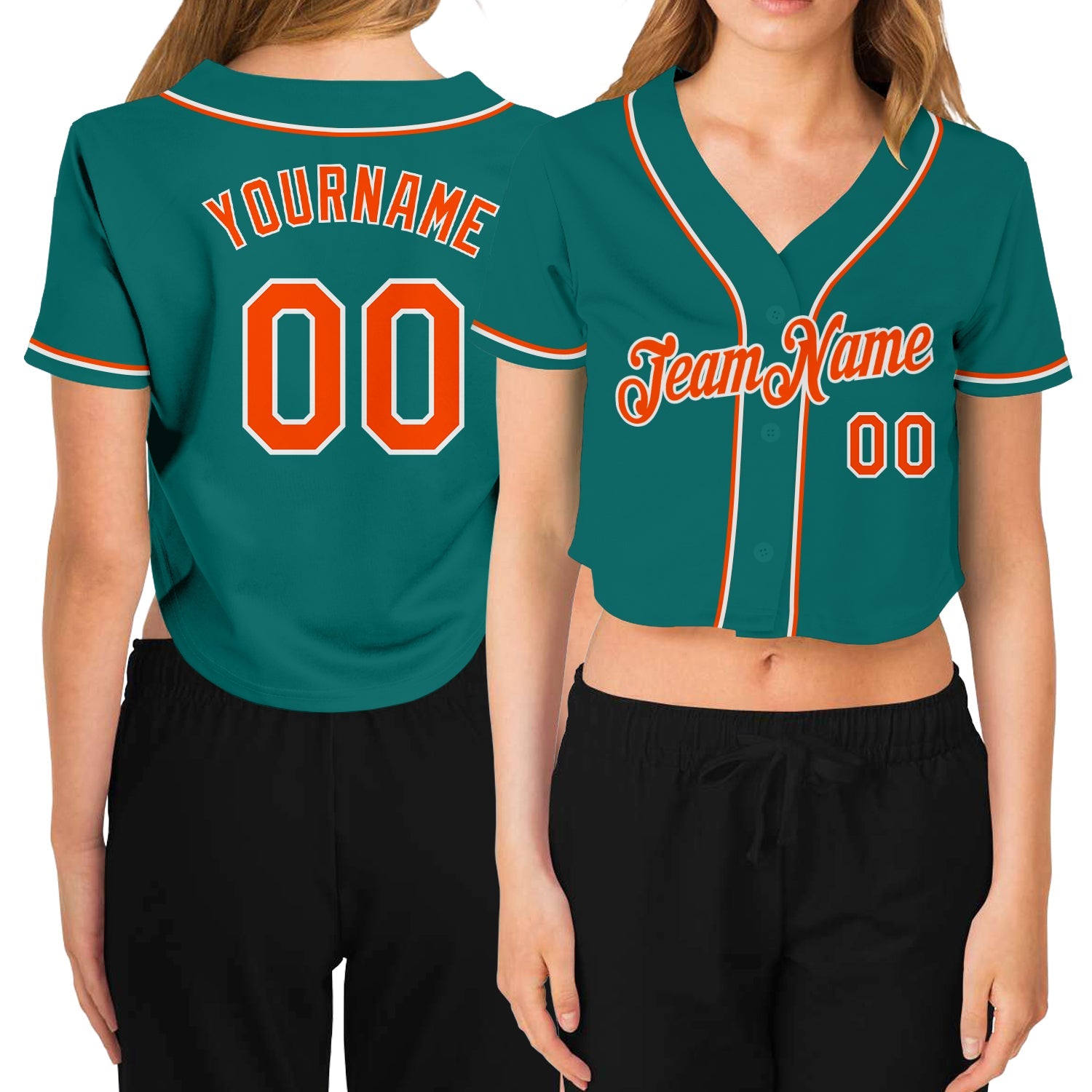 Custom Women's Aqua Orange-White V-Neck Cropped Baseball Jersey - Main View