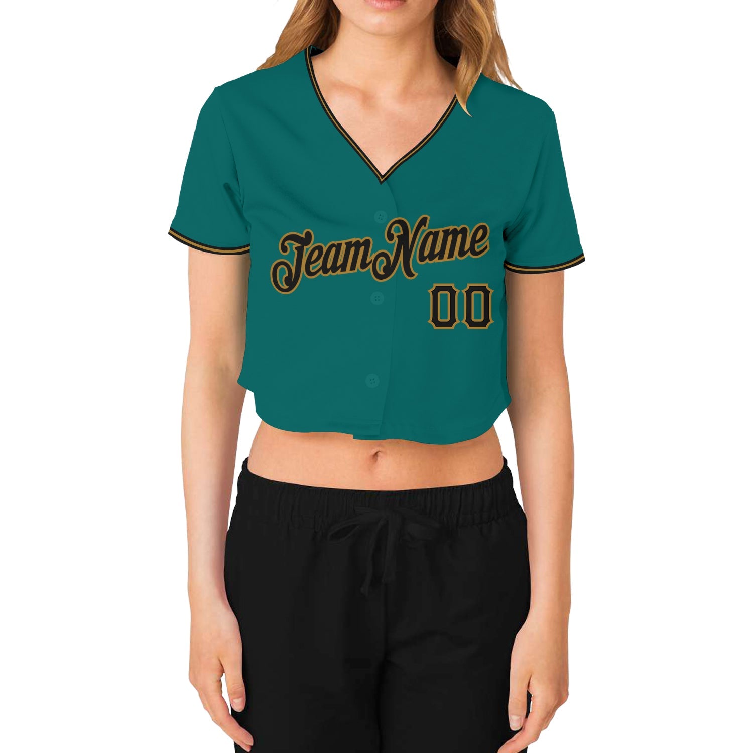 Custom Women's Aqua Black-Old Gold V-Neck Cropped Baseball Jersey view 2