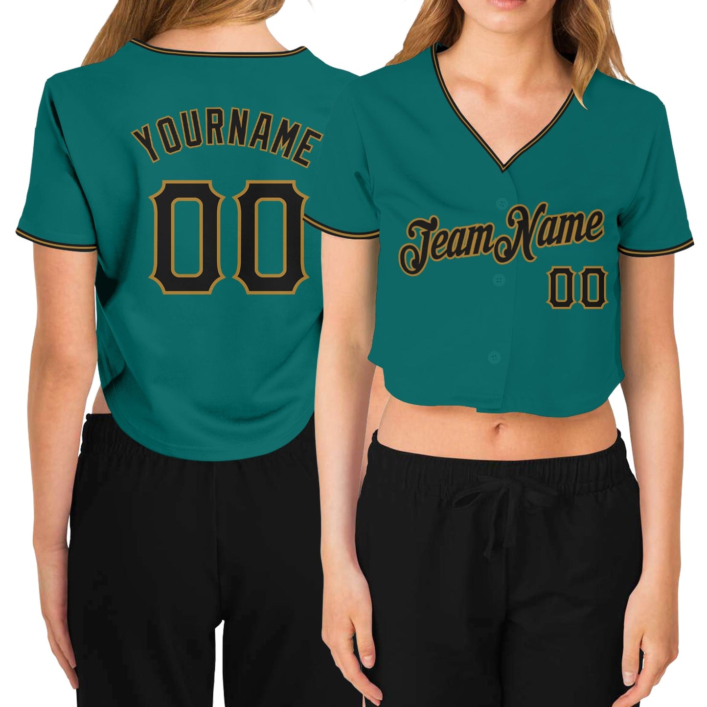 Custom Women's Aqua Black-Old Gold V-Neck Cropped Baseball Jersey - Main View