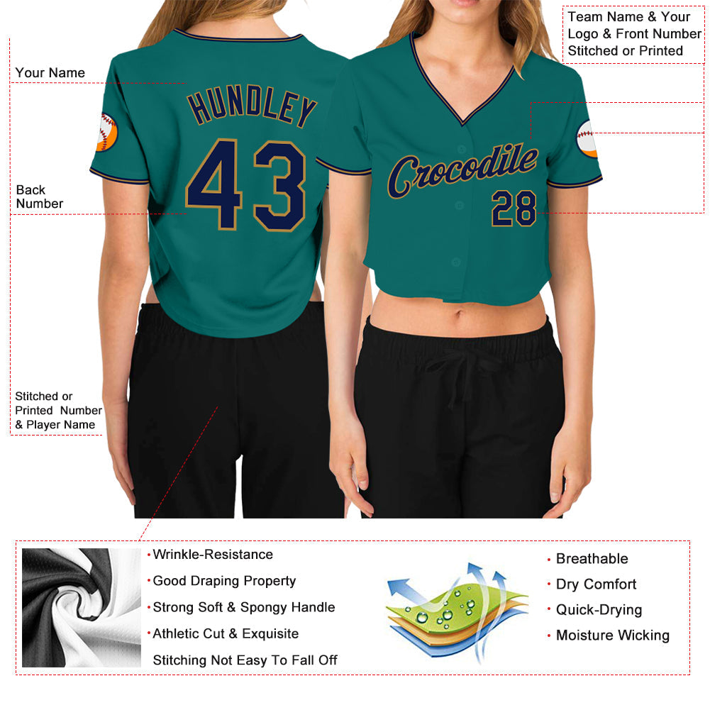 Custom Women's Aqua Navy-Old Gold V-Neck Cropped Baseball Jersey view 3
