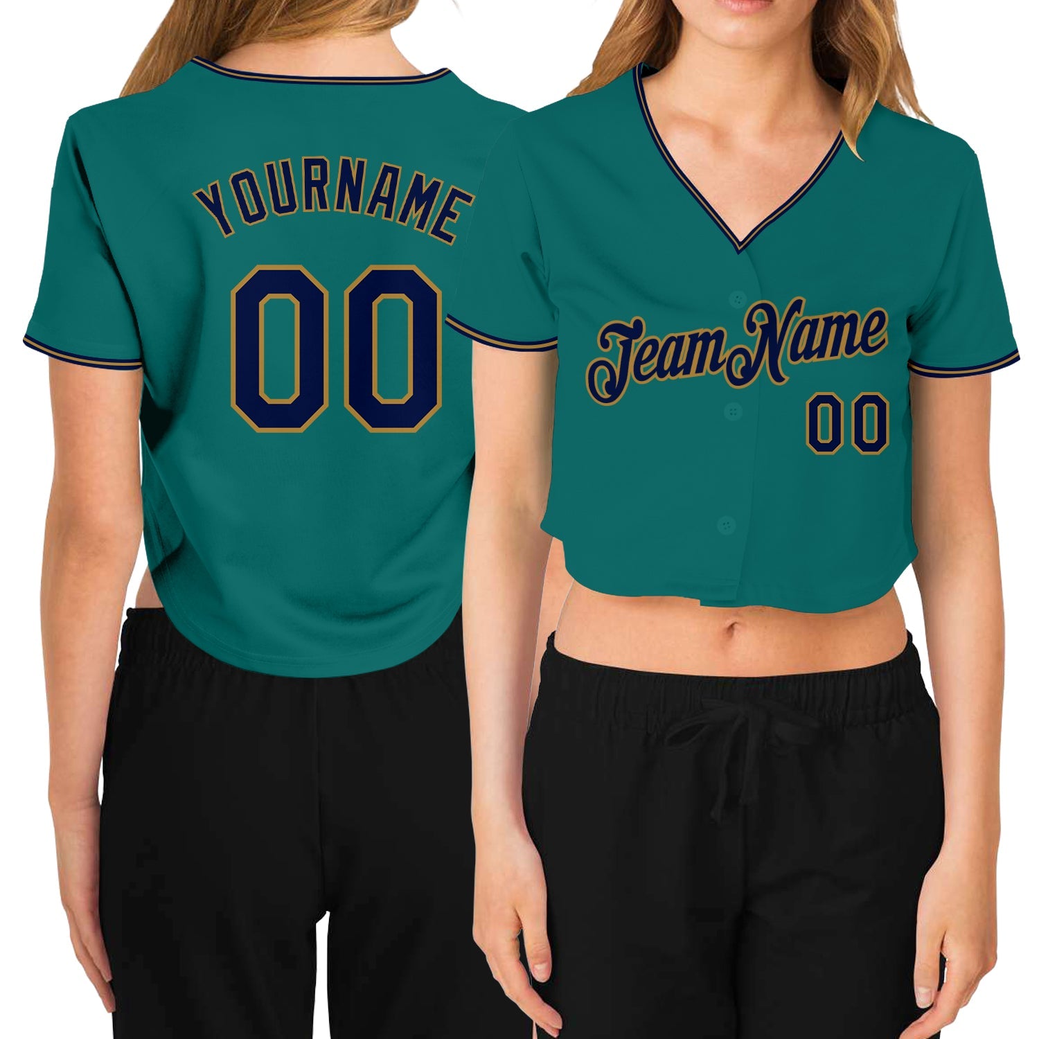 Custom Women's Aqua Navy-Old Gold V-Neck Cropped Baseball Jersey - Main View