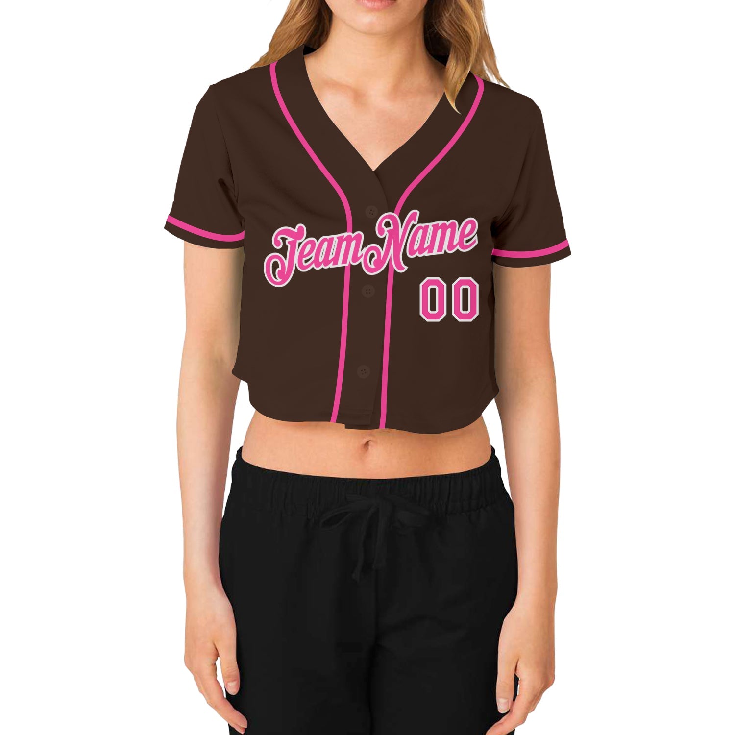 Custom Women's Brown Pink-White V-Neck Cropped Baseball Jersey view 2