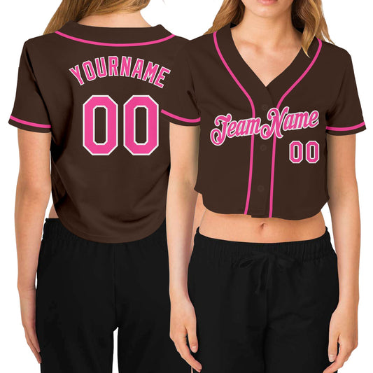 Custom Women's Brown Pink-White V-Neck Cropped Baseball Jersey - Main View