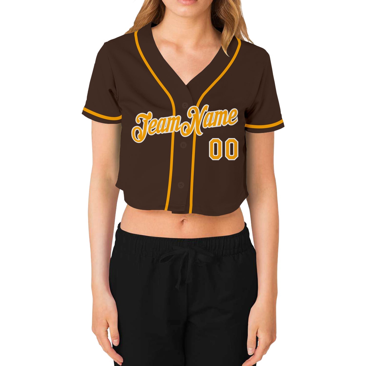 Custom Women's Brown Gold-White V-Neck Cropped Baseball Jersey view 2