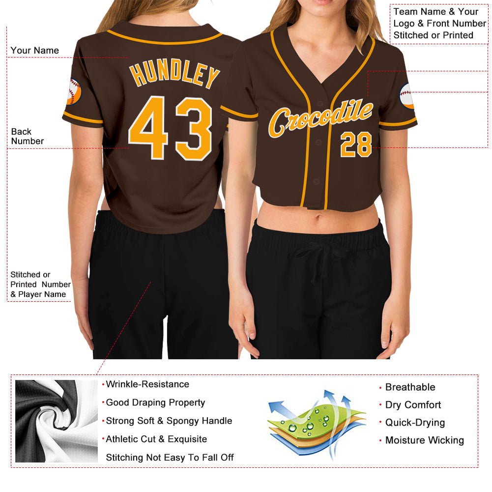 Custom Women's Brown Gold-White V-Neck Cropped Baseball Jersey view 3