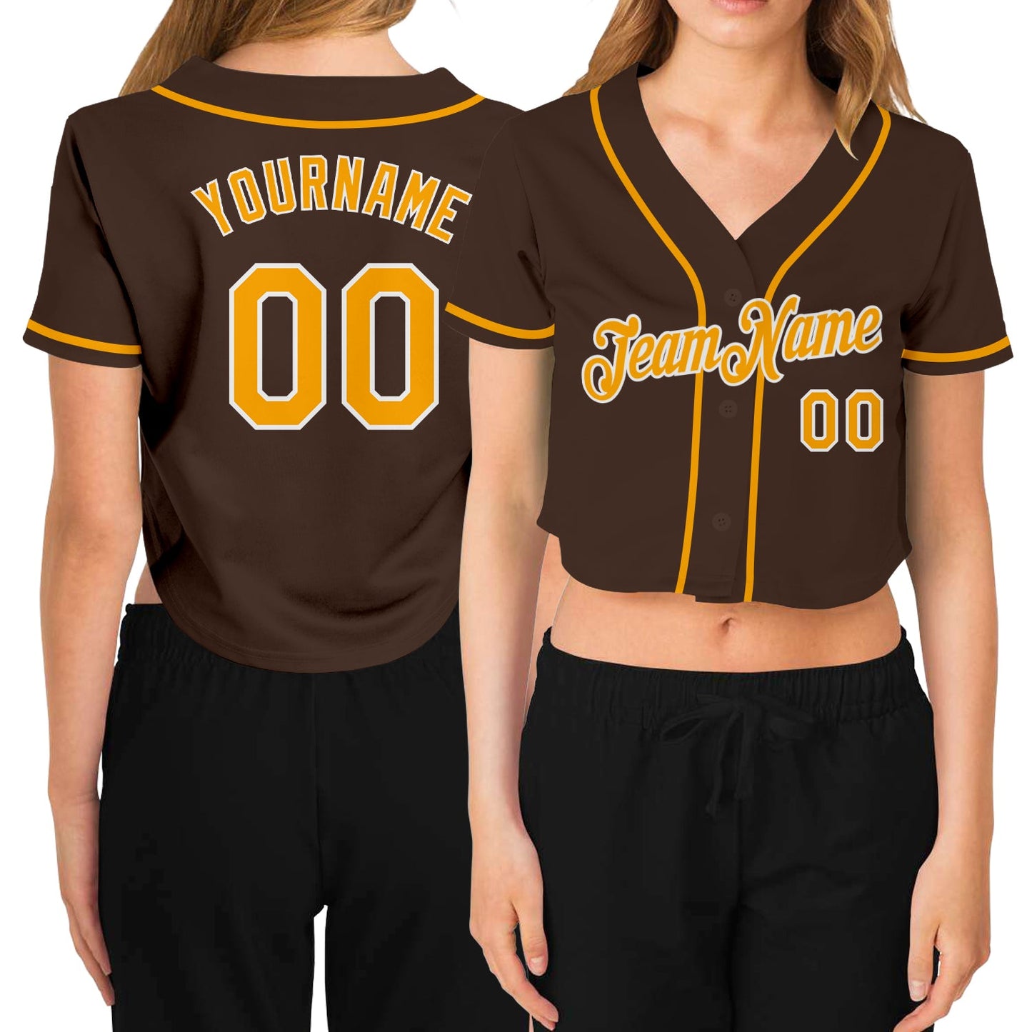 Custom Women's Brown Gold-White V-Neck Cropped Baseball Jersey - Main View