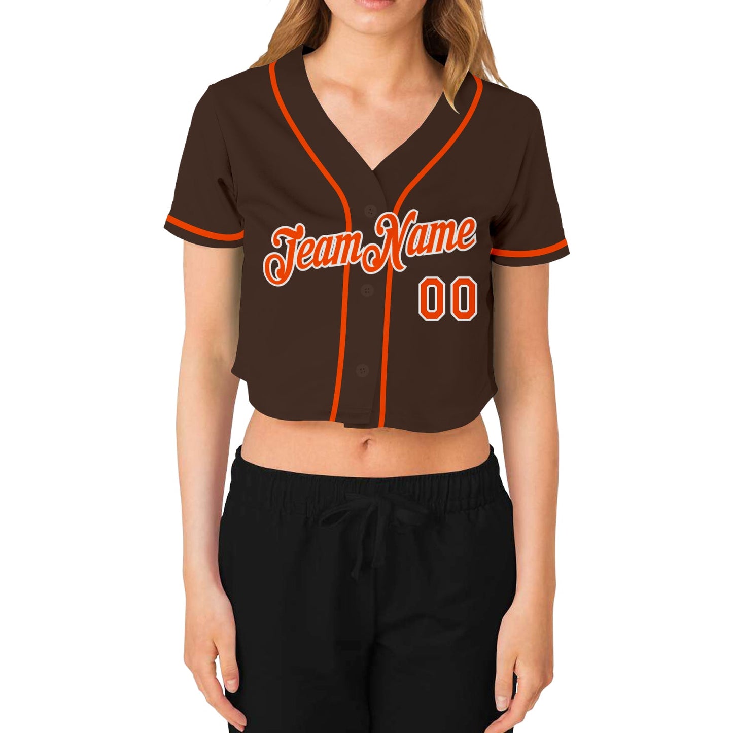Custom Women's Brown Orange-White V-Neck Cropped Baseball Jersey view 2