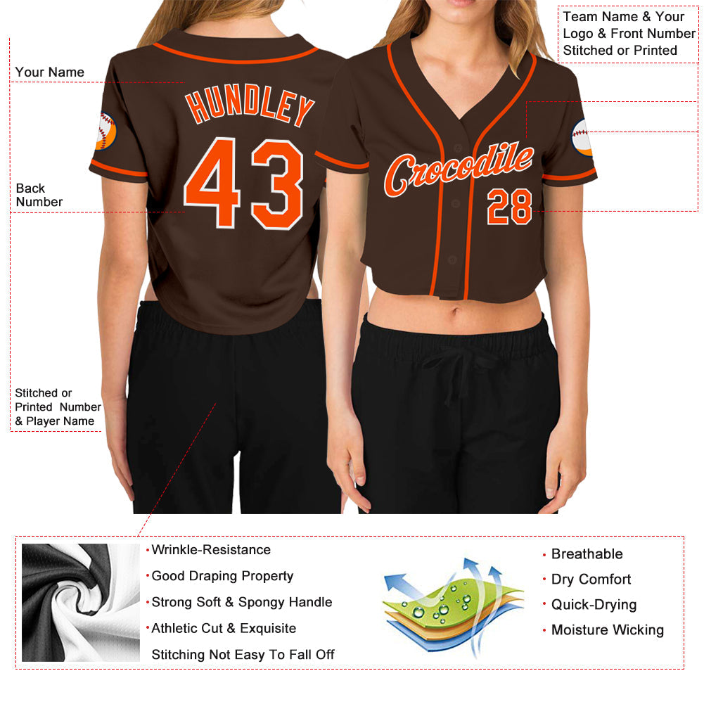 Custom Women's Brown Orange-White V-Neck Cropped Baseball Jersey view 3