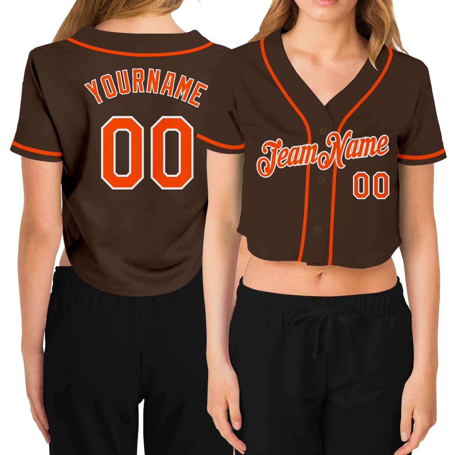 Custom Women's Brown Orange-White V-Neck Cropped Baseball Jersey - Main View