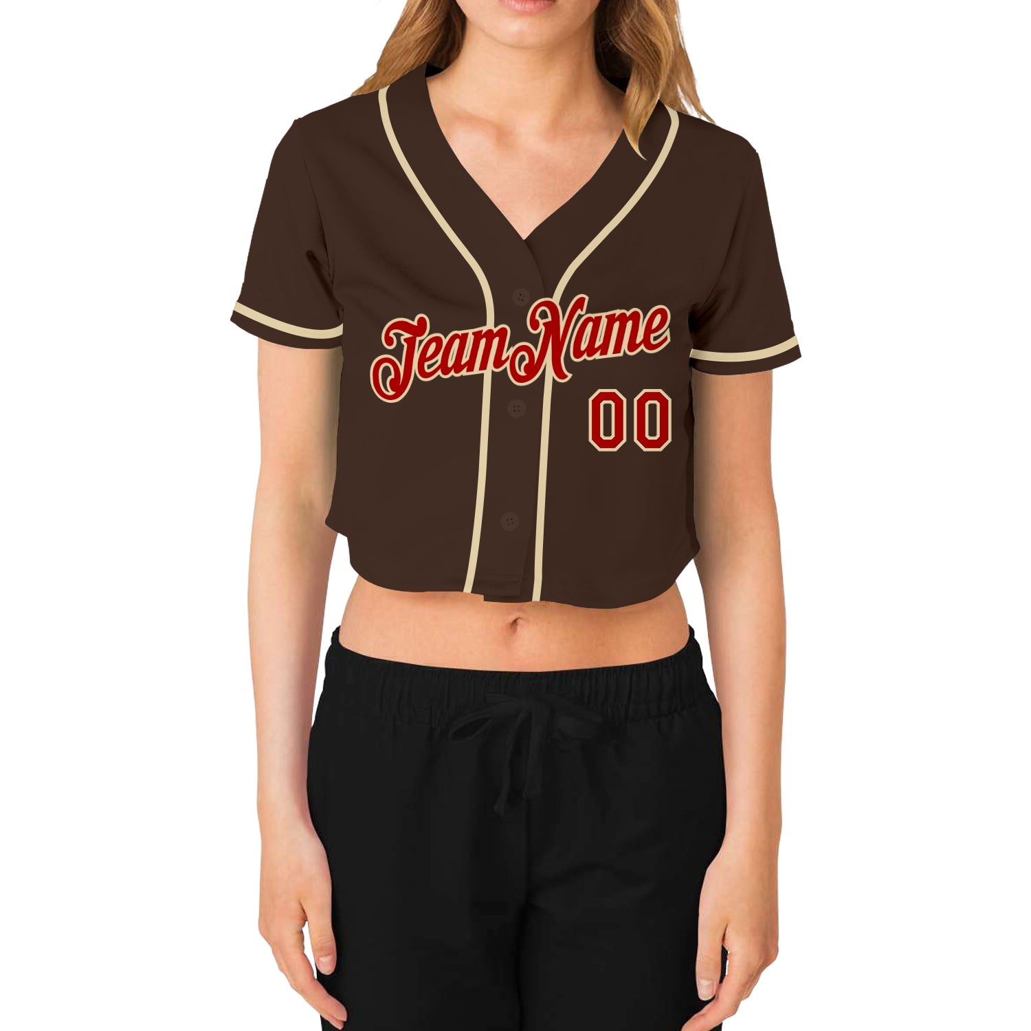 Custom Women's Brown Red-Cream V-Neck Cropped Baseball Jersey view 2