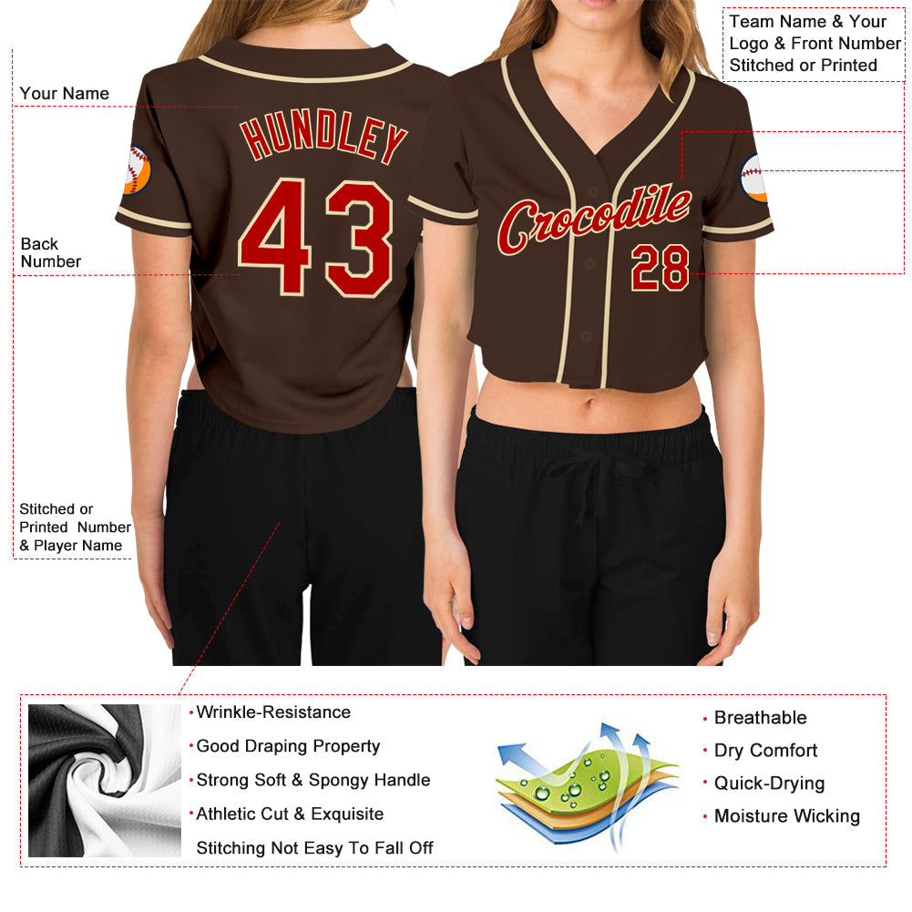 Custom Women's Brown Red-Cream V-Neck Cropped Baseball Jersey view 3