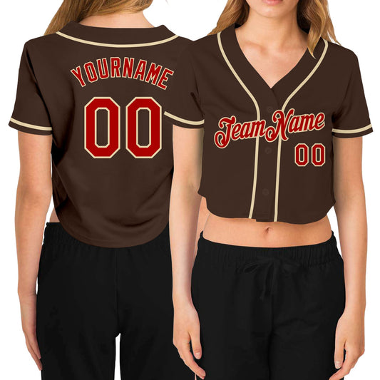 Custom Women's Brown Red-Cream V-Neck Cropped Baseball Jersey - Main View