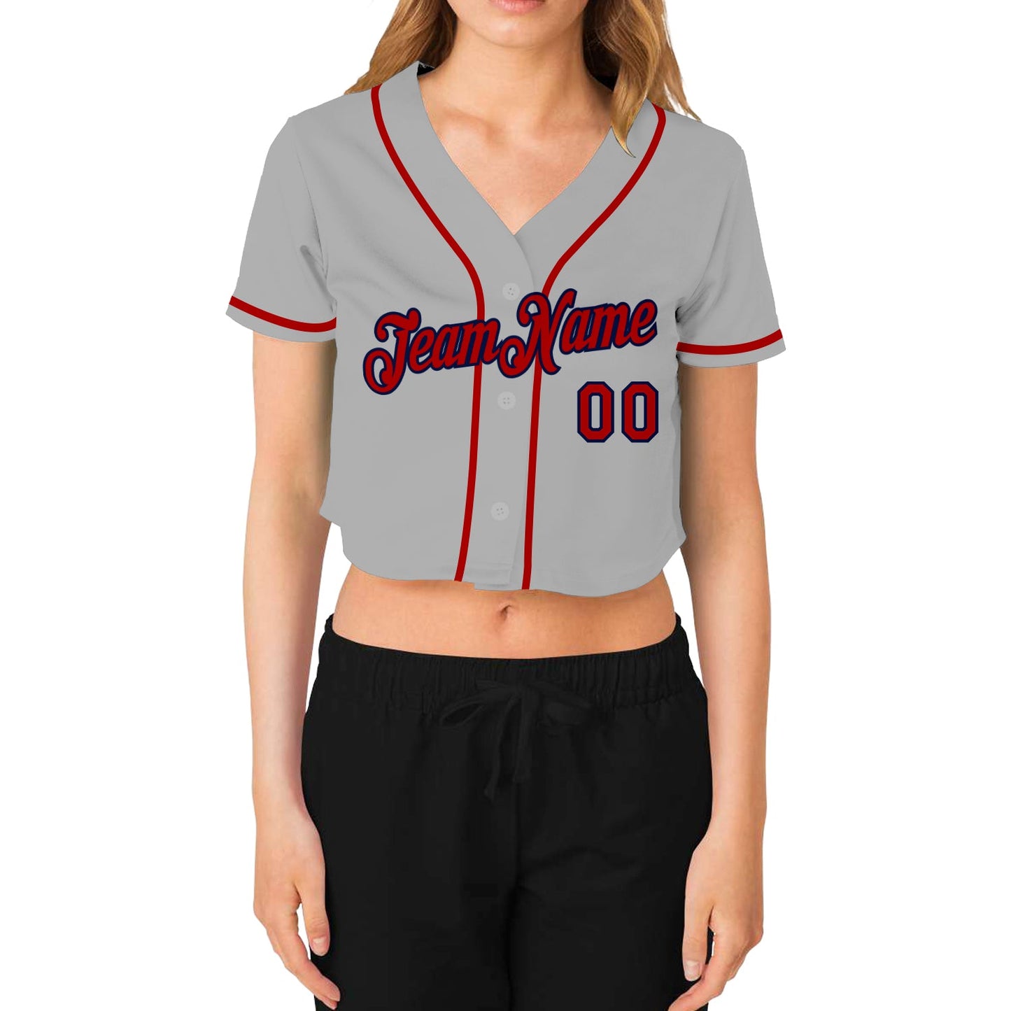 Custom Women's Gray Red-Navy V-Neck Cropped Baseball Jersey view 2