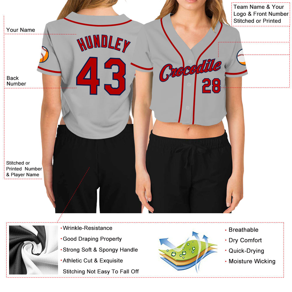 Custom Women's Gray Red-Navy V-Neck Cropped Baseball Jersey view 3