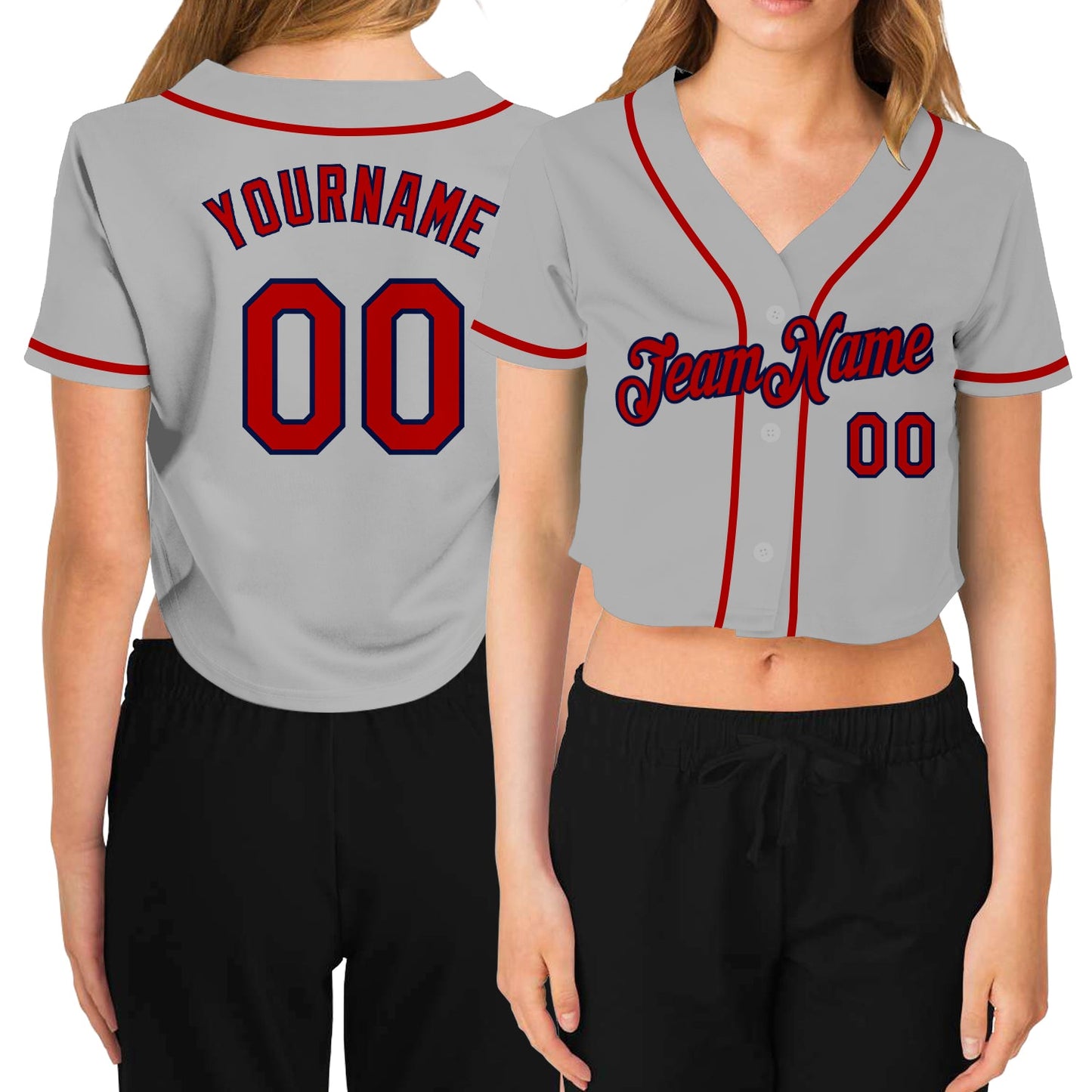 Custom Women's Gray Red-Navy V-Neck Cropped Baseball Jersey - Main View