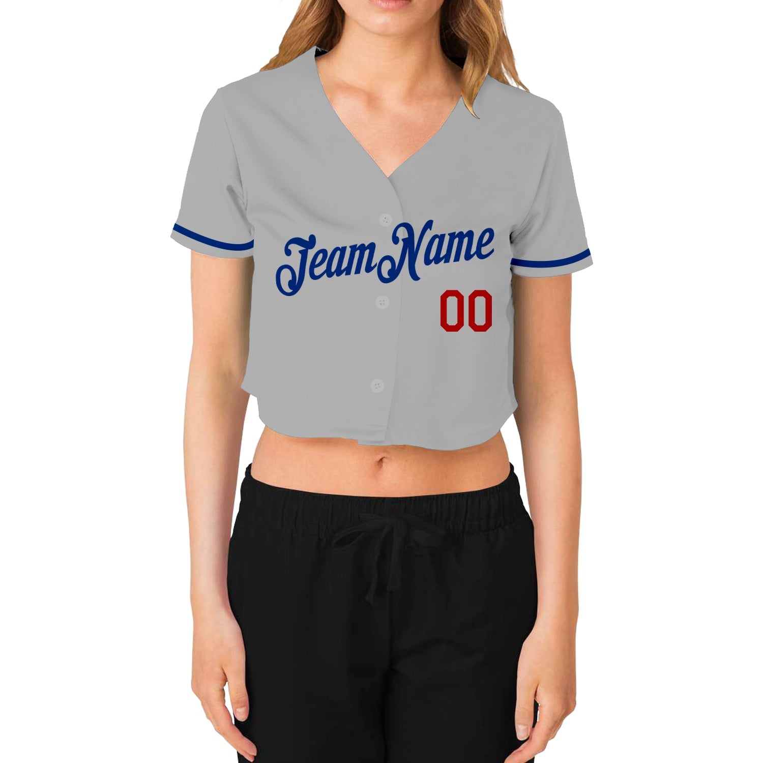 Custom Women's Gray Royal-Red V-Neck Cropped Baseball Jersey view 2