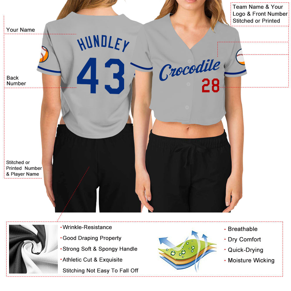 Custom Women's Gray Royal-Red V-Neck Cropped Baseball Jersey view 3