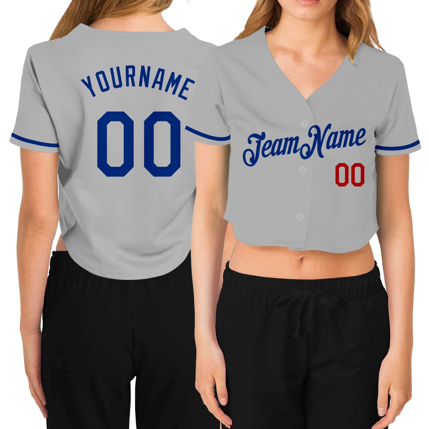 Custom Women's Gray Royal-Red V-Neck Cropped Baseball Jersey - Main View