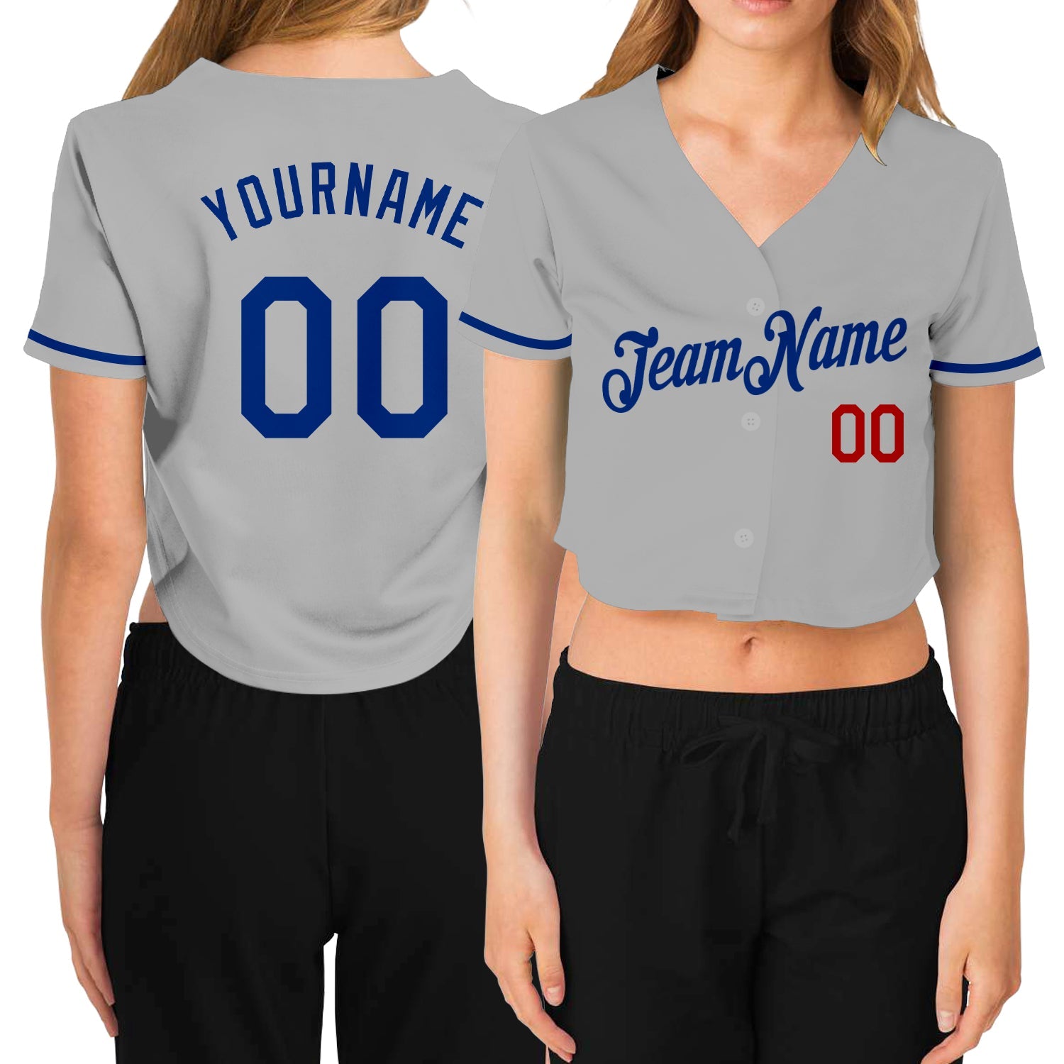 Custom Women's Gray Royal-Red V-Neck Cropped Baseball Jersey - Main View