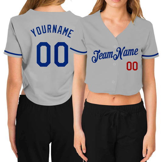 Custom Women's Gray Royal-Red V-Neck Cropped Baseball Jersey - Main View