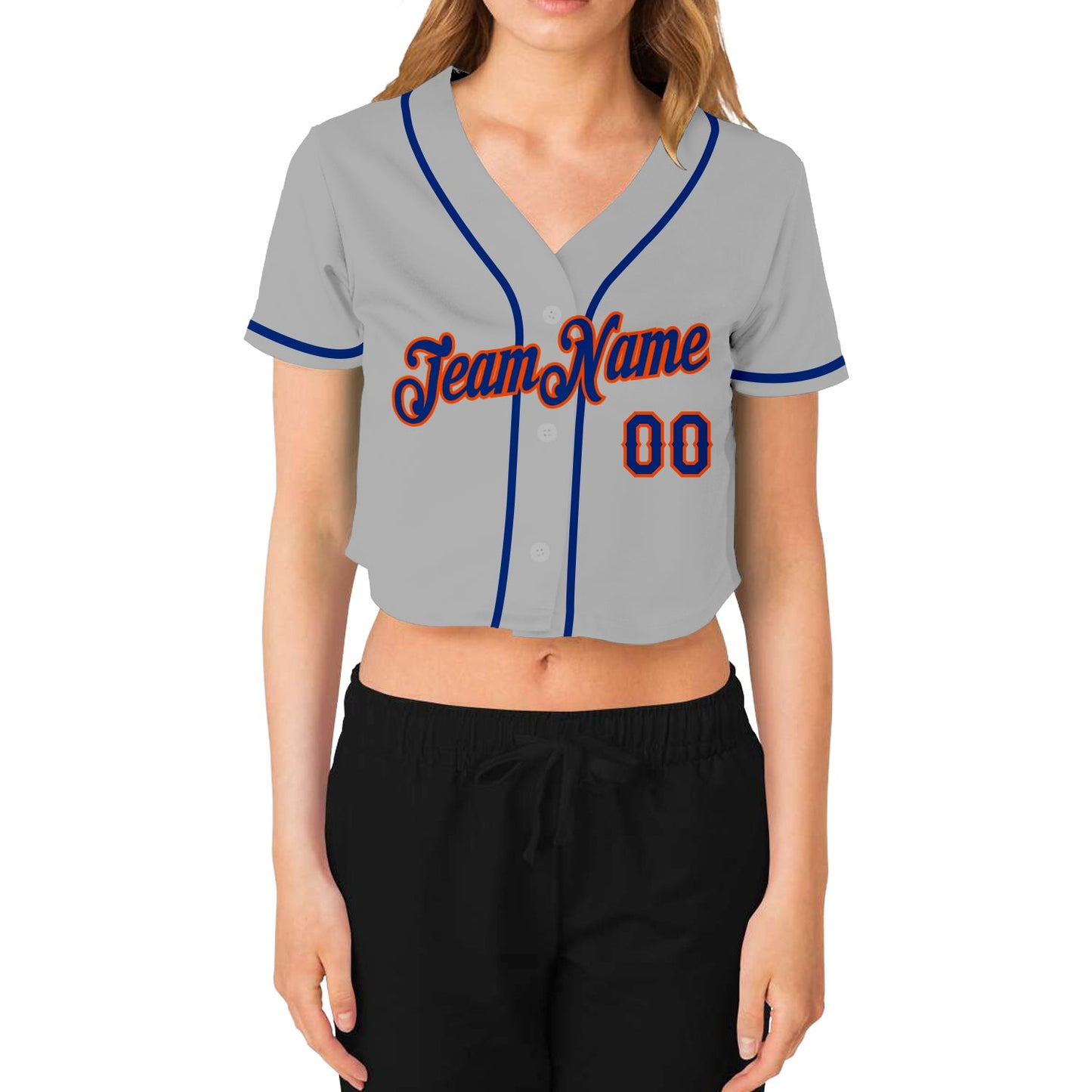 Custom Women's Gray Royal-Orange V-Neck Cropped Baseball Jersey view 2